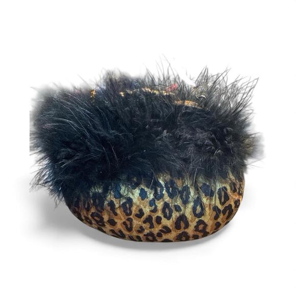 Leopard Print Black Boa Ornament Purse Plush Beads 4" tall - Picture 2 of 4